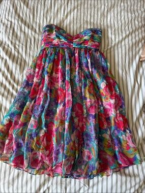 Vintage Betsey Johnson Strapless Floral Party Dress in Pink, Purple & Blue